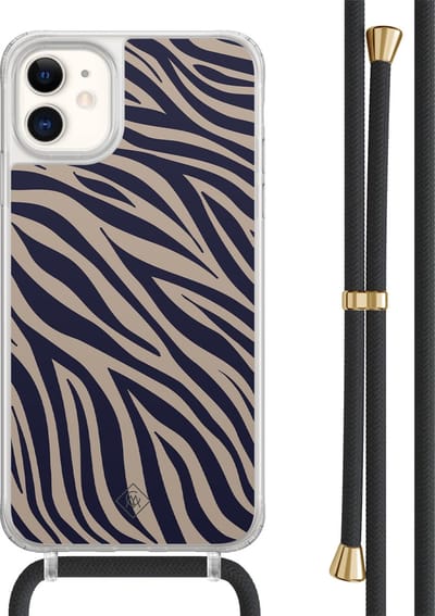 Casimoda® hoesje met zwart koord - Geschikt voor iPhone 11 - Chevron Navy - Afneembaar koord - TPU/acryl - Blauw
