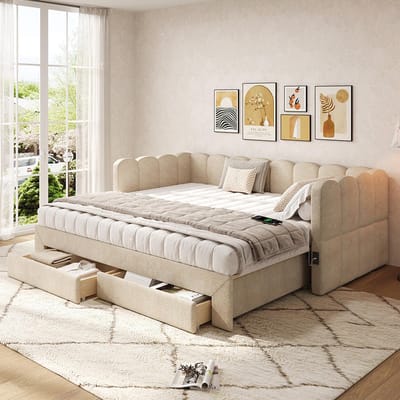 KOMHTOM Gestoffeerd bed, dagbed, slaapbank, met 2 opberglades, slaapbank, dagbed 90x190 cm, uitschuifbaar tot 180 cm, met USB-poort, beige chenille