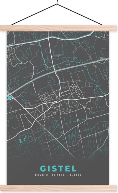 Posterhanger incl. Poster 40x60 cm - Schoolplaat - Kaart – Plattegrond – Stadskaart – Gistel – België - Grijs - Textielposter - Blanke latten - Stadskaart