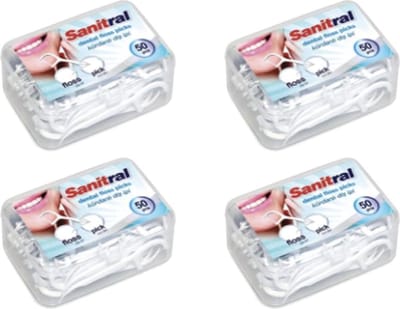 Sanitral Dental Floss Sticks, Strong Non Broken Dental Floss, 2 in 1 Toothpicks with Transparent Travel Case, Perfect for Family, Hotel, Travel (Pack of 4x50)