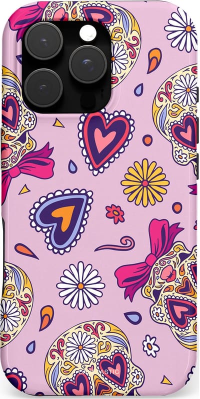 Casetastic hoesje geschikt voor Apple iPhone 16 Pro - MagSafe - Dubbellaagse bescherming - Dia de los Muertos Doodshoofd Strik - Fashion Case - Lichtroze Lila Taupe Zilver