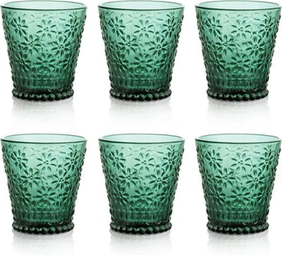 250 ml drinkglazen, kleurrijk glas, set van 6 groene waterglazen met madeliefjespatroon, vintage stapelbaar waterglas voor dranken, cocktails en thee