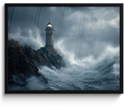Poster in lijst - Fotolijst 80x60 cm - Posters - Rotsen - Vuurtoren - Golven - Klliffen - Posterlijst zwart - Decoratie - Wanddecoratie woonkamer - Muurdecoratie slaapkamer