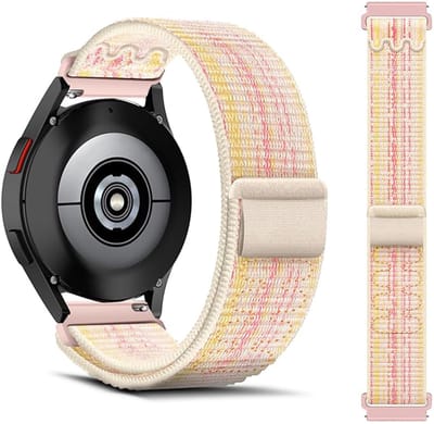 Stravo 20mm Nylon Sportbandje met Klittenband – Ademend Loop Bandje – Geschikt voor Samsung Galaxy Watch 7 (40/44mm) / 6 (Classic) / 5 (Pro) / 4 (Classic) / FE – Voor Garmin Vivoactive 5 / Venu Sq 2 / Forerunner 245 / Vivomove – Starlight / Roze