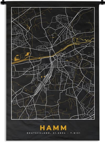 Wandkleed - Wanddoek - Black and Gold – Stadskaart – Hamm – Duitsland – Plattegrond – Kaart - 120x180 cm - Wandtapijt