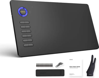 Tekentablet Veikk A15 Blauw  - 10x6 inch - 5080 Lpi - grafische XL teken tablet - Batterij vrije pen - 12 sneltoetsen - tekenhandschoen