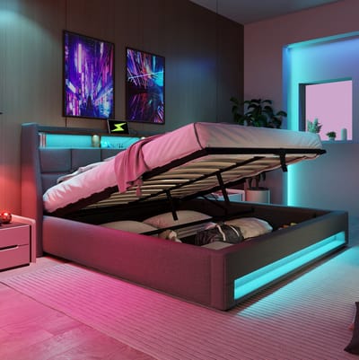 Gestoffeerd Bed 140x200 Cm - Tweepersoonsbed Met LED, 2 USB Poorten En Opbergruimte - Lattenbodem - Met Matras - Stof En Metaal - Grijs