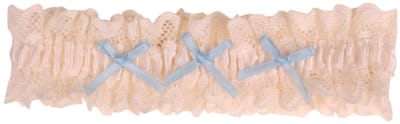 Kousenband Bruiloft Ivoorkleurig met Broderie & Lichtblauwe Strikjes - 33cm Elastisch