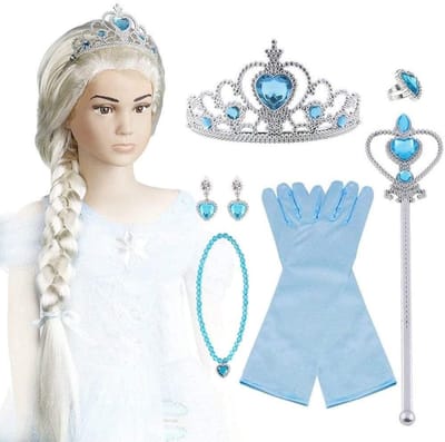 Prinsessen Kostuum Accessoires voor Meisjes, 9-delig Sieraad Set met Tiara, Toverstaf, Perücke, Handschoenen, Oorbellen en Ring - Perfect voor Verkleedfeestjes en Rollenspellen