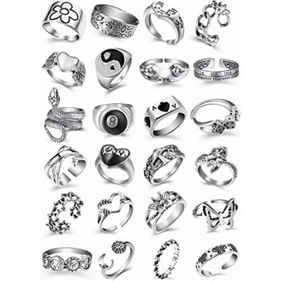 24 stuks Retro Herenring Metaallegering Zilverkleur Vintage Ring Modieus Punk Gothic Ring gray