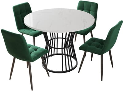 Eettafel en stoelen Set 5-delig Met 4 Stoelen Ronde Eettafel Witt MDF Tafelblad Groen Fluweel Eetkamerstoelen Met Zwarte Metalen Poten Keukentafel Set