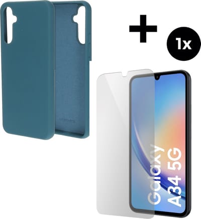 Mobiparts Silicone Cover hoesje geschikt voor Samsung Galaxy A34 (2023) 5G met 1 Screenprotector van Gehard Glas - Blauw