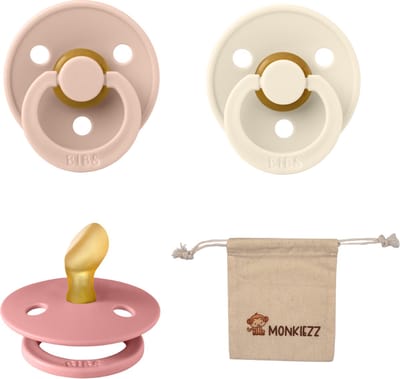 Bibs Dental fopspenen Anatomical 0-6 maanden- Set 3 stuks- Ivory, Blush, Dusty Pink + Monkiezz speenzakje - orthodontisch- Anatomisch- Maat 1