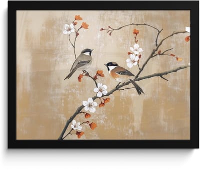 Poster in lijst - Fotolijst 40x30 cm - Posters - Vogels - Bloesemtak - Bloemen - Oranje - Posterlijst zwart - Decoratie - Wanddecoratie woonkamer - Muurdecoratie slaapkamer