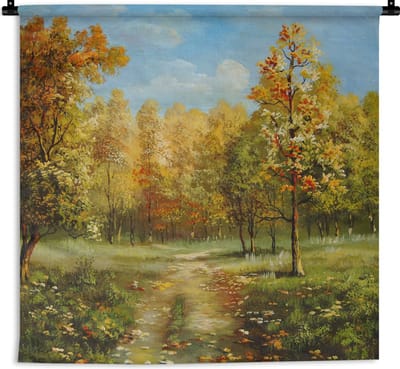 Wandkleed Bossen en bomen illustratie - Een illustratie van herfstachtige bomen in een bos Wandkleed katoen 180x180 cm - Wandtapijt met foto
