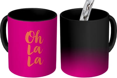 Magische Mok - Foto op Warmte Mokken - Koffiemok - Oh la la - Roze - Oranje - Minimalistisch - Magic Mok - Beker - 350 ML - Theemok