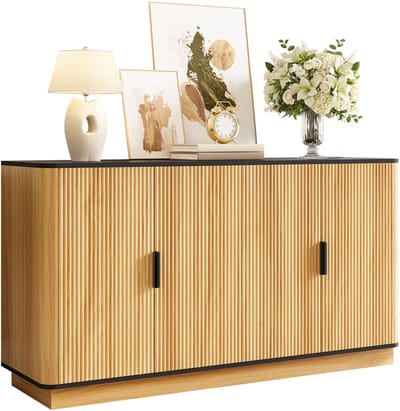 Dressoir - 4 Deuren - Verticale Geribbelde Front - Houtlook - Opbergruimte voor Woonkamer, Hal, Eetkamer - Houtmateriaal - Naturel