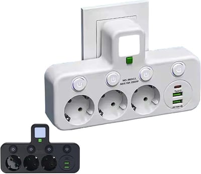 Wandstekkerdoos met 3 stopcontacten, multifunctioneel stopcontact, Geschikt voor thuiswerkplek (wit).