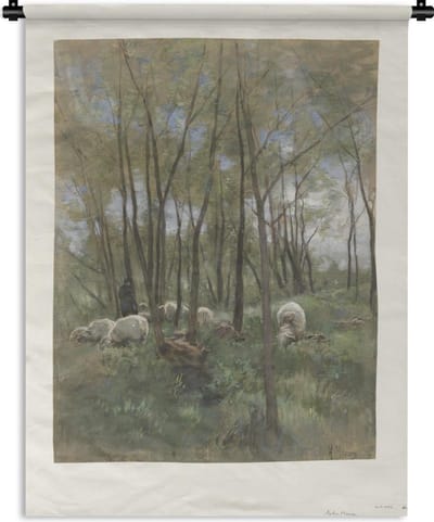 Wandkleed Anton Mauve - Schapenkudde in een bos - Schilderij van Anton Mauve Wandkleed katoen 60x80 cm - Wandtapijt met foto