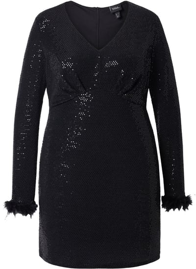 Ulla Popken - Dames - Bodyconjurk pailletten lange mouwen met fraaie veren - Zwart - Maat 42