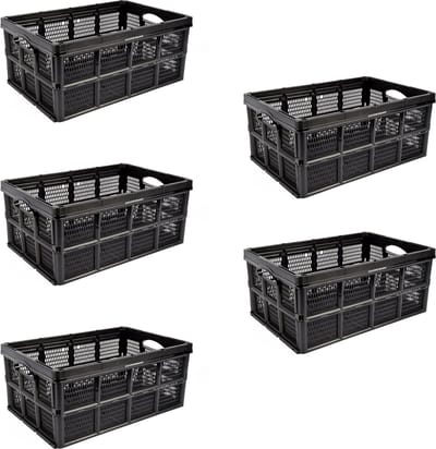 Set van 5 Vouwkratten 32 Liter - Slimme Stapelbare Opbergoplossing voor Garage - Zwart Plastic - Handgrepen - Kamperen & Outdoor, Huishouden, Klussen - 48x35x24cm - Multifuntioneel