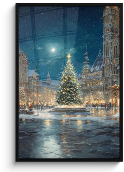 Poster in lijst - Fotolijst 80x120 cm - Posters - Kerstnacht - Stadsplein - Meerkleurig - Posterlijst zwart - Decoratie - Wanddecoratie woonkamer - Muurdecoratie slaapkamer - Kerstversiering - Kerstdecoratie voor binnen - Kerstmis