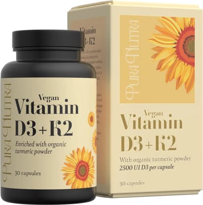Pura Nutra Vegan D3+K2 – Vitamine D3 & K2 Complex met Kurkuma voor Botten, Immuunsysteem & Spieren - 30 Capsules | Premium supplements