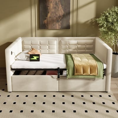 90x200 cm extra dik slaapbank - eenpersoonsbed - met opbergruimte en USB- & Type-C-oplaadstation - beige - zonder matras