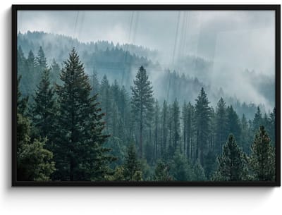 Poster in lijst - Fotolijst 120x80 cm - Posters - Naaldwoud - Bergen - Mist - Posterlijst zwart - Decoratie - Wanddecoratie woonkamer - Muurdecoratie slaapkamer