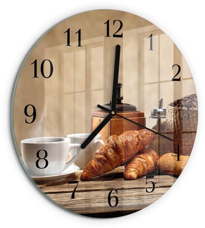 Tulup Wandklok - Croissants Gekleurde Glazen Klok - 30fi cm - Bruin Glazen Klok Met Print - Zwarte Handen - Ronde Wandklok - Decoratieve Glazen Klok - Glazen Wandklok Design