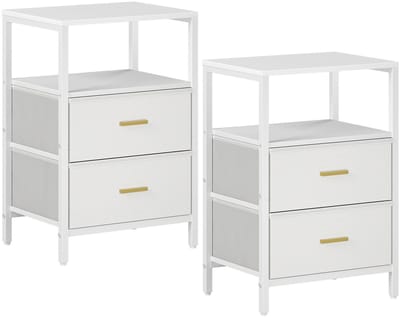 Set van 2 Nachtkastjes met Stoffen Lades en Open Opbergvak – Multifunctioneel – Wit