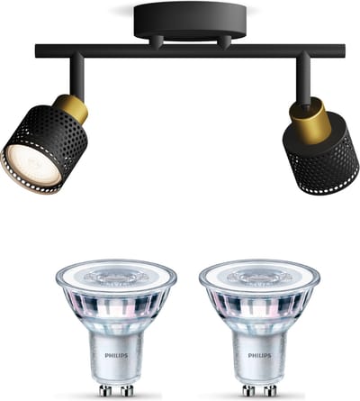 Philips Niall Opbouwspot (Zwart/Goud) - Warmwit Licht - Plafondspot met 2 Lichtpunten - GU10 - Niet Dimbaar