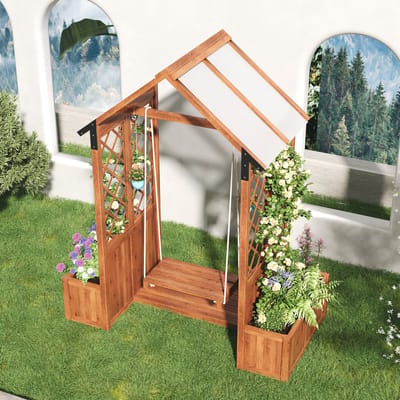 OKWISH Plantenbak Met Klimrek 163x142x70 Cm - Met Zonnedak En Buitenschommel - Voor Tuin Terras - Massief Hout - Bruin
