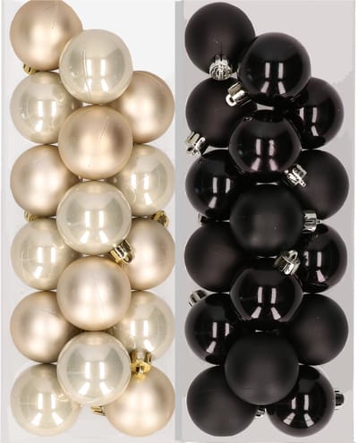 Kleine kerstballen - 32x st - champagne en zwart - D4 cm - kunststof - kerstversiering