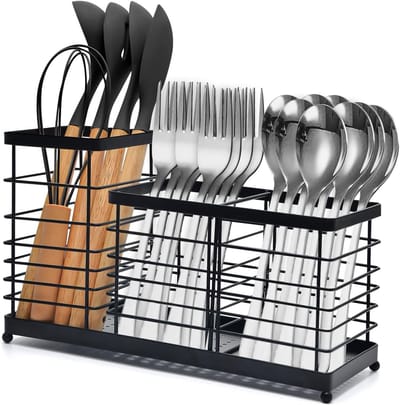 3-in-1 Keukenhulpmiddel Houder voor Aanrecht, Zwart Staal, Afneembare Indeling, Ruimtebesparende Organizer voor Keukenaccessoires en Kookgerei
