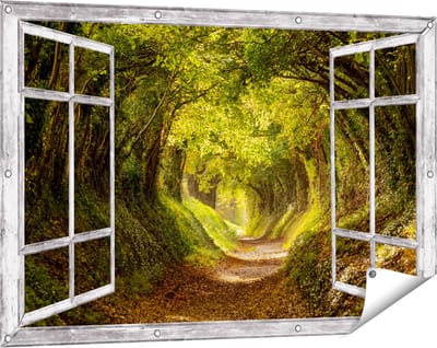 Gards Tuinposter Doorkijk Pad in het Bos met veel Bladeren - 120x80 cm - Tuindoek - Tuindecoratie - Wanddecoratie buiten - Tuinschilderij