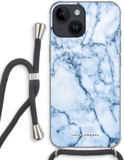 Case Company® - Hoesje met koord geschikt voor iPhone 14 hoesje met Koord - Blauw marmer - Telefoonhoesje met Zwart Koord - Bescherming aan alle Kanten en Over de Schermrand