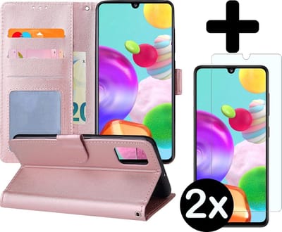 Hoesje - Met 2x Screenprotector - Geschikt voor Samsung Galaxy A41 - Luxe Pasjeshouder - Flip Case - Bookcase Portemonee - Kunstleer Book Case - Flipcase Hoes - Book Cover - Walletcase - Portemonneehoes - Telefoonhoes - Rosé goud