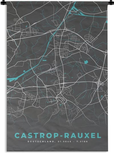Wandkleed - Wanddoek - Castrop Rauxel – Stadskaart – Blauw – Plattegrond – Stadskaart – Kaart - Duitsland - 120x180 cm - Wandtapijt