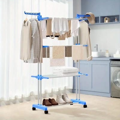 Opvouwbaar Droogrek met 3 Niveaus – 176 cm Hoog – Verrijdbaar en Ruimtebesparend – Blauw/Wit