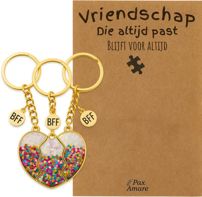 BFF Sleutelhanger voor 3 'Vriendschap die altijd past' - Magnetisch Glitter Hartje - Sleutelhanger set op Cadeau Kaartje - Goudkleurig - Vriendschap Symbool - Pax Amare