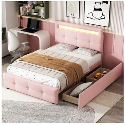 Lit - MUVOE - 90x200 cm - Rembourré - Éclairage LED - 2 tiroirs - Rose rose
