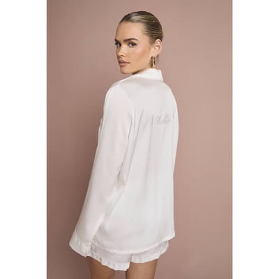 boohoo Dames Bruidspyjama 'Bride' Satijn Geborduurd Lange Mouw Shirt & Korte Broek Set | Wit | Maat: 34