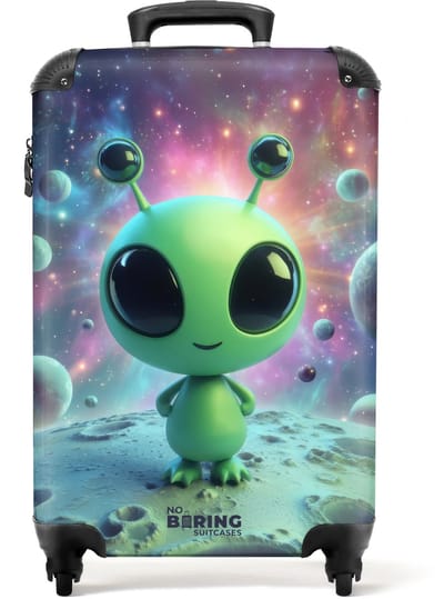 NoBoringSuitcases.com - Koffer - Groene alien op een planeet - Past binnen 55x40x20 cm en 55x35x25 cm - Trolley handbagage - Valiezen met wieltjes volwassenen - Reiskoffer op wielen - Rolkoffer lichtgewicht