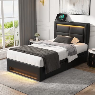 SINGULARITY-Gestoffeerd bed 90x200 cm- met USB-aansluiting- met LED-verlichting en vier lades- zonder matras- PU-lychee-patroon- zwart