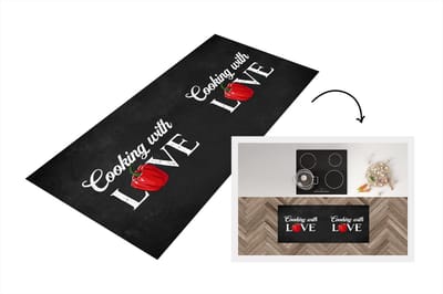Keukenloper - Loper keuken - Tekst - Koken - Keuken - Paprika - Cooking with love - Liefde voor koken - Spreuken - 120x50 cm - Keukenloper vinyl