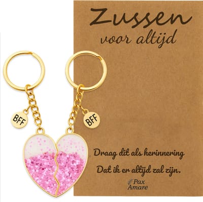 BFF Sleutelhanger voor 2 'Zussen voor altijd' - Roze Glitter Hartje - Sleutelhanger set op Cadeau Kaartje Sleutelhanger set - Goudkleurig - Vriendschap Symbool - Pax Amare