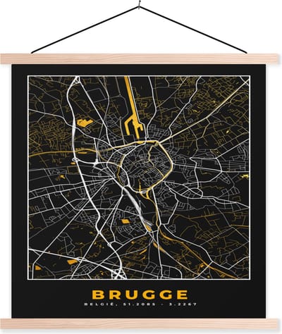 Posterhanger incl. Poster 40x40 cm - Schoolplaat - Goud - Brugge - Stadskaart - Kaart - Plattegrond - Textielposter - Blanke latten - Stadskaart