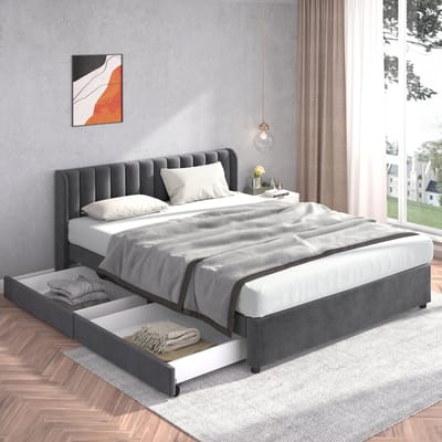 MODENUIT Gestoffeerd Bed 180x200 cm – Bedframe met Hoog Hoofdbord – 2 Lades op Wielen – Met Lattenbodem – Zonder Matras – Grijs
