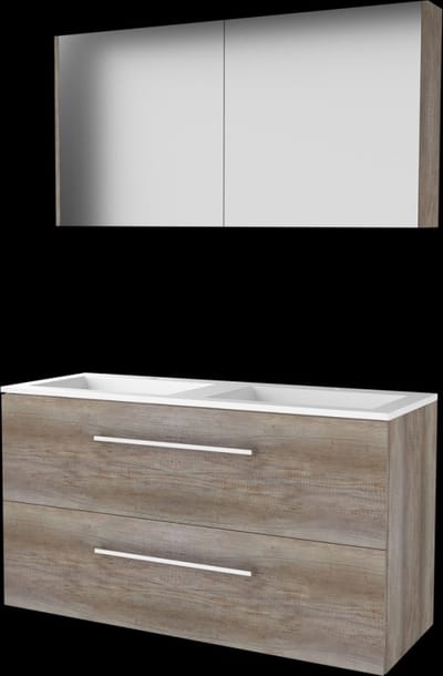 Basic Comfort 46 badmeubelset met spiegelkast, onderkast met 2 lades, grepen en acryl wastafel met 2 kraangaten 120 x 46 cm, scotch oak